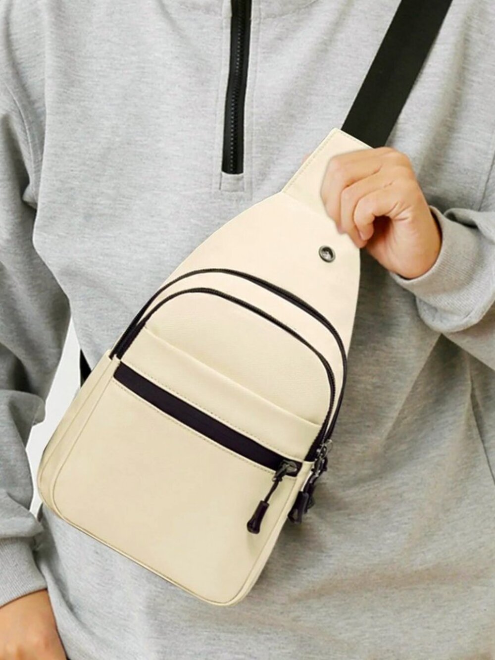 Water Resistant Crossbody Chest Sling Bag in Beige + Black